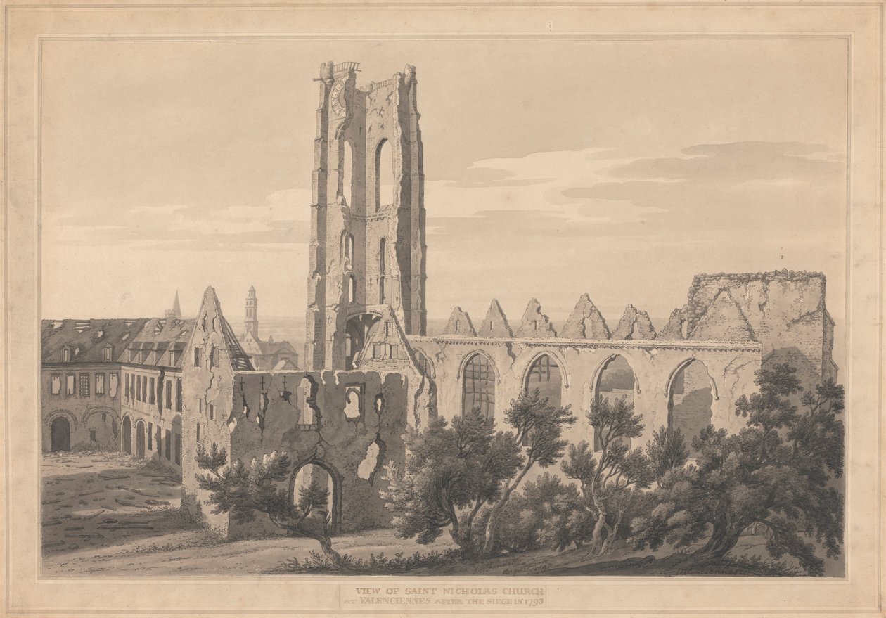 Vista de la iglesia de San Nicolás de Valenciennes tras el asedio de Joseph Farington