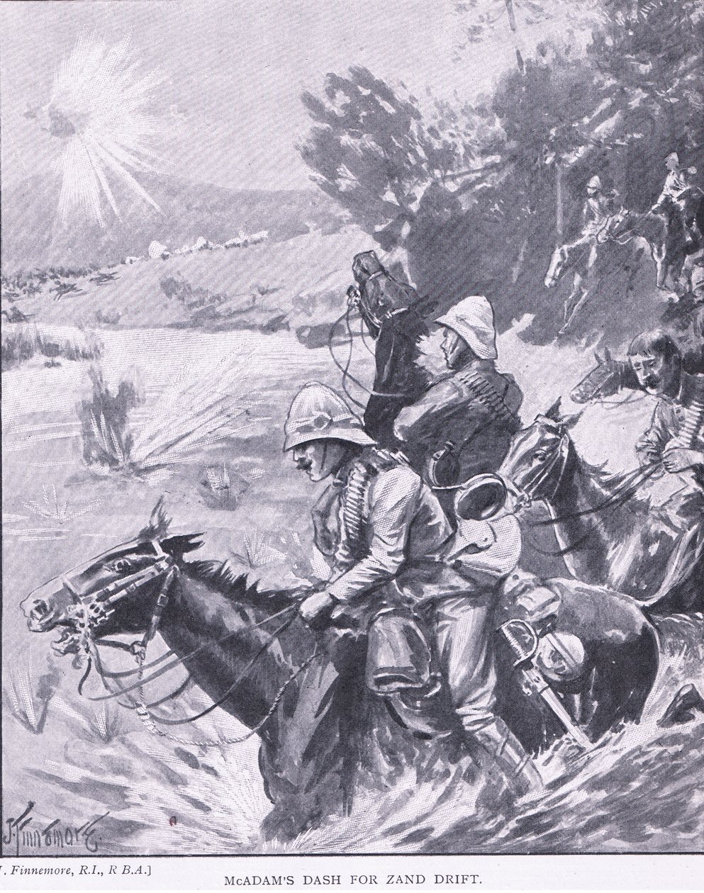 La carrera de McAdams hacia Zand Drift, de Después de Pretoria: La Guerra de Guerrillas publicado por Harmsworth Bros Limited, 1901 de Joseph Finnemore