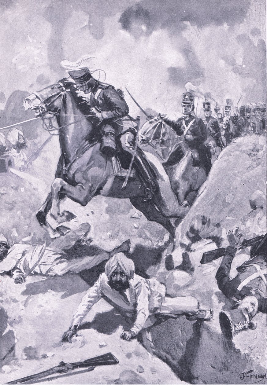 Sobraon: Sir Joseph Thackwell liderando a los Dragones Ligeros del 3º en fila india a través de algunas fortificaciones sijs, ilustración de British Battles on Land and Sea, 1915 de Joseph Finnemore