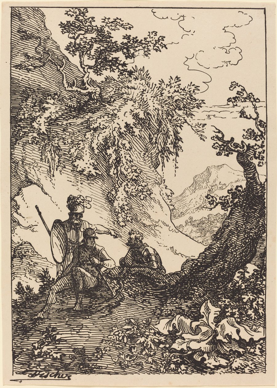 Paisaje con hombres en armadura, tocón de árbol de Joseph Fischer