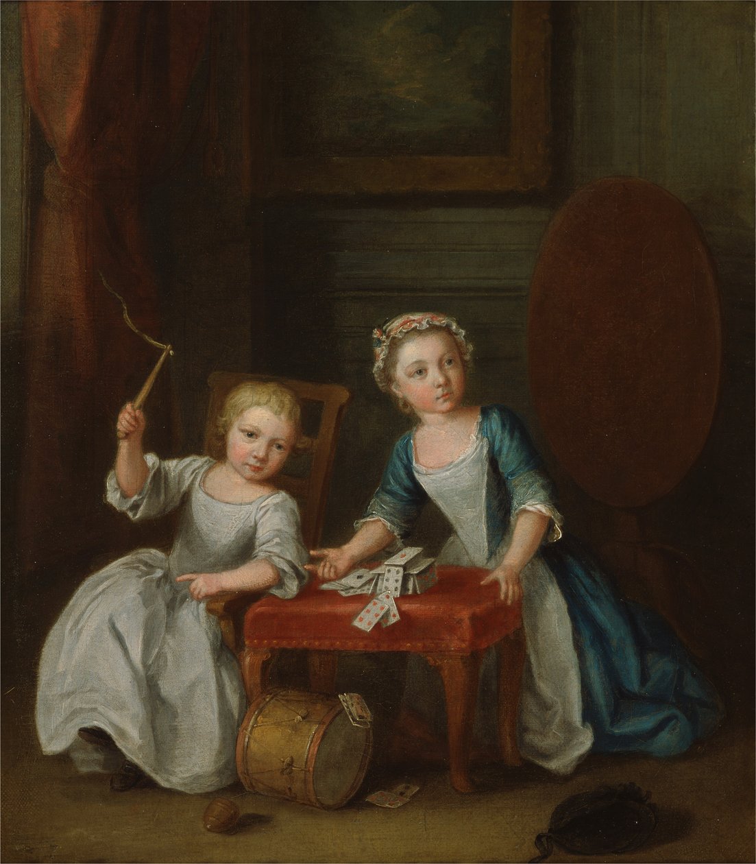 Dos niños de la familia Nollekens, probablemente Jacobus y Maria Sophia, jugando con un trompo y cartas, 1745 de Joseph Francis Nollekens