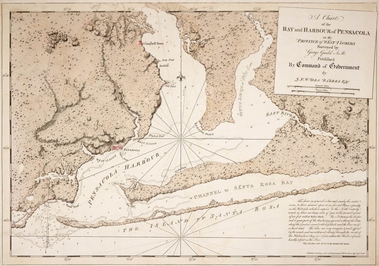 Carta de la bahía y el puerto de Pensacola en la provincia de Florida Occidental de Joseph Frederick Wallet DesBarres