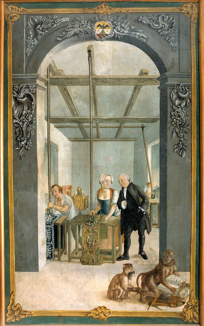 Fábrica de tejidos indios de los hermanos Wetter: Obreros pasando por la rejilla de los lienzos impresos Pintura de Joseph Gabriel Rossetti (siglo XVIII). 1764 Orange, Museo Municipal de Joseph Gabriel Rossetti