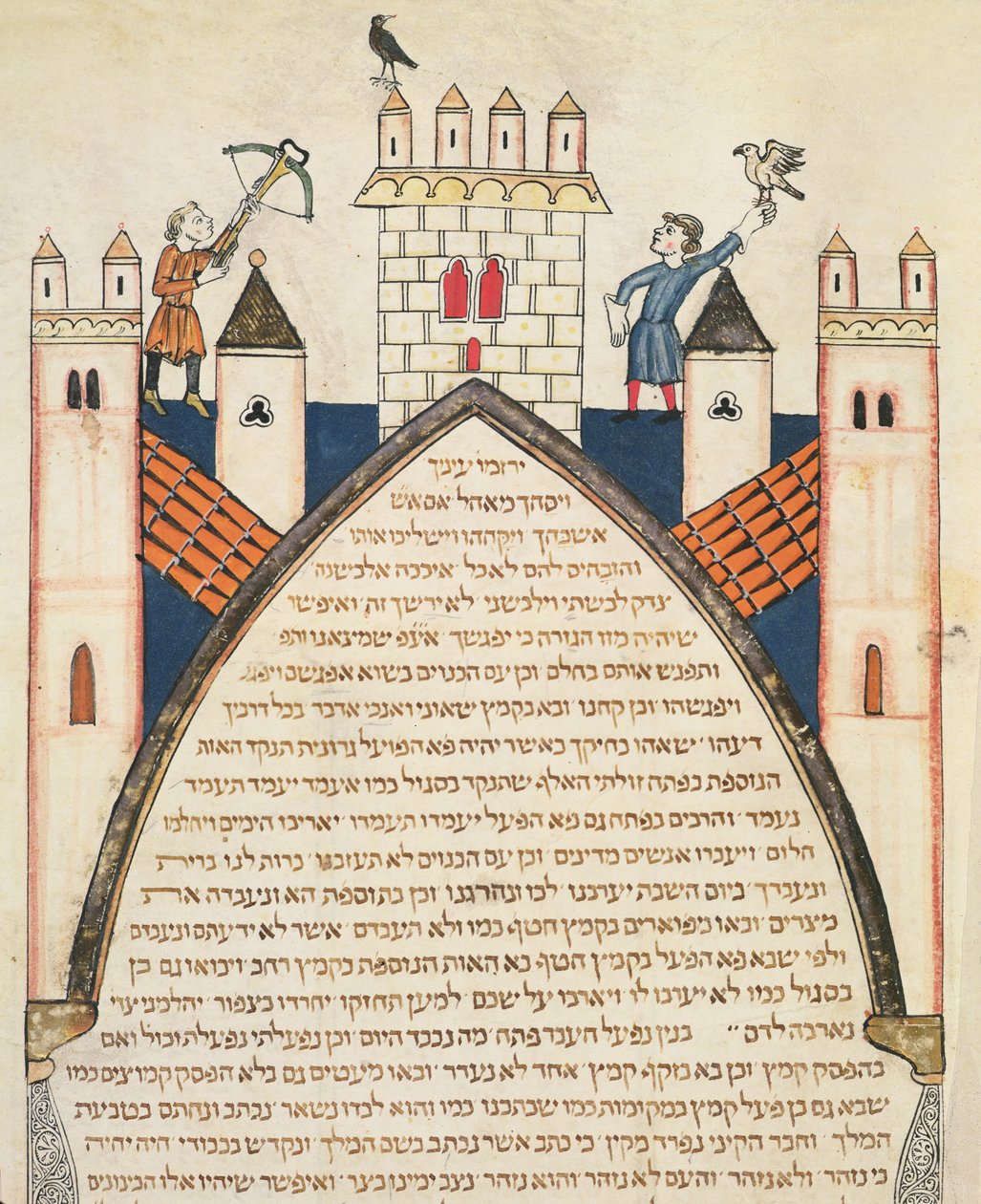 Caza con halcones, ilustración de la Biblia Judía de Cervera, 1299 de Joseph Ha Zarefati