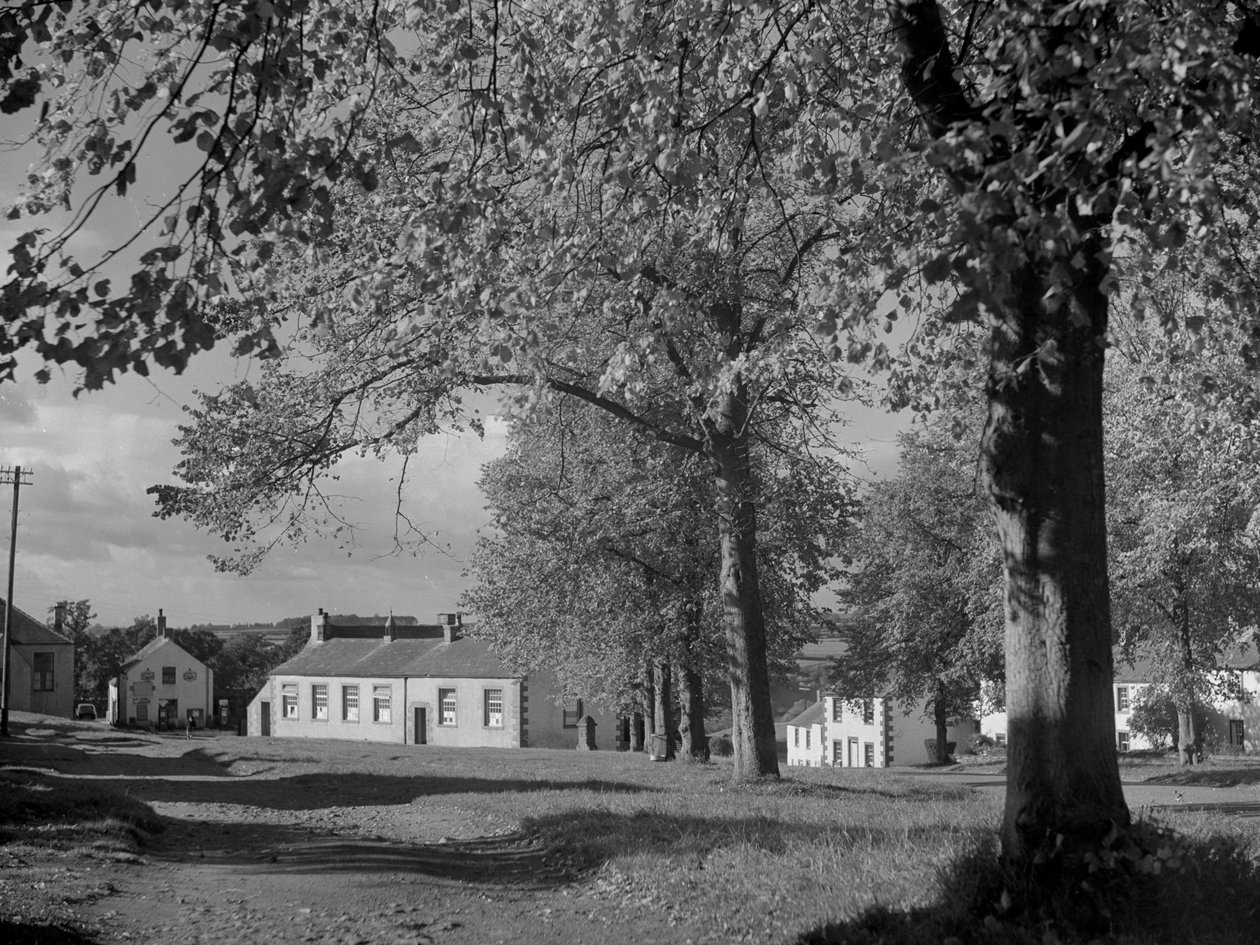 Árboles en hoja y vista de los edificios del pueblo de Joseph Hardman