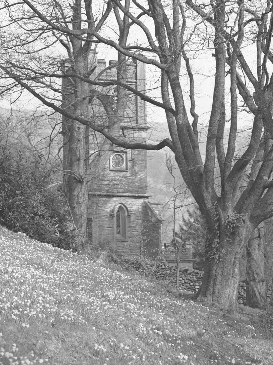 Vista de una iglesia; arquitectura; religiosa; eclesiástica; torre entre árboles de Joseph Hardman