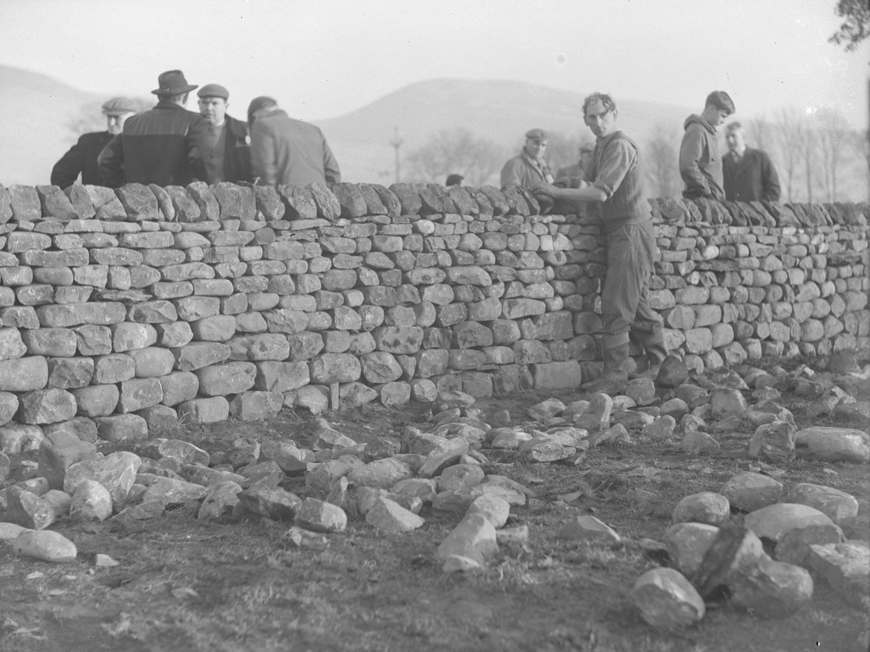 Albañiles trabajando en un muro de piedra seca de Joseph Hardman