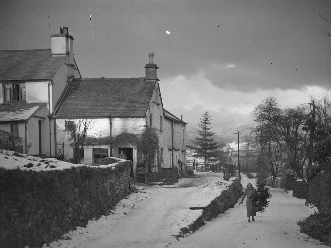 Mujer cargando una rama en la carretera junto a Borwick Fold Farm en Hawkshead con nieve de Joseph Hardman
