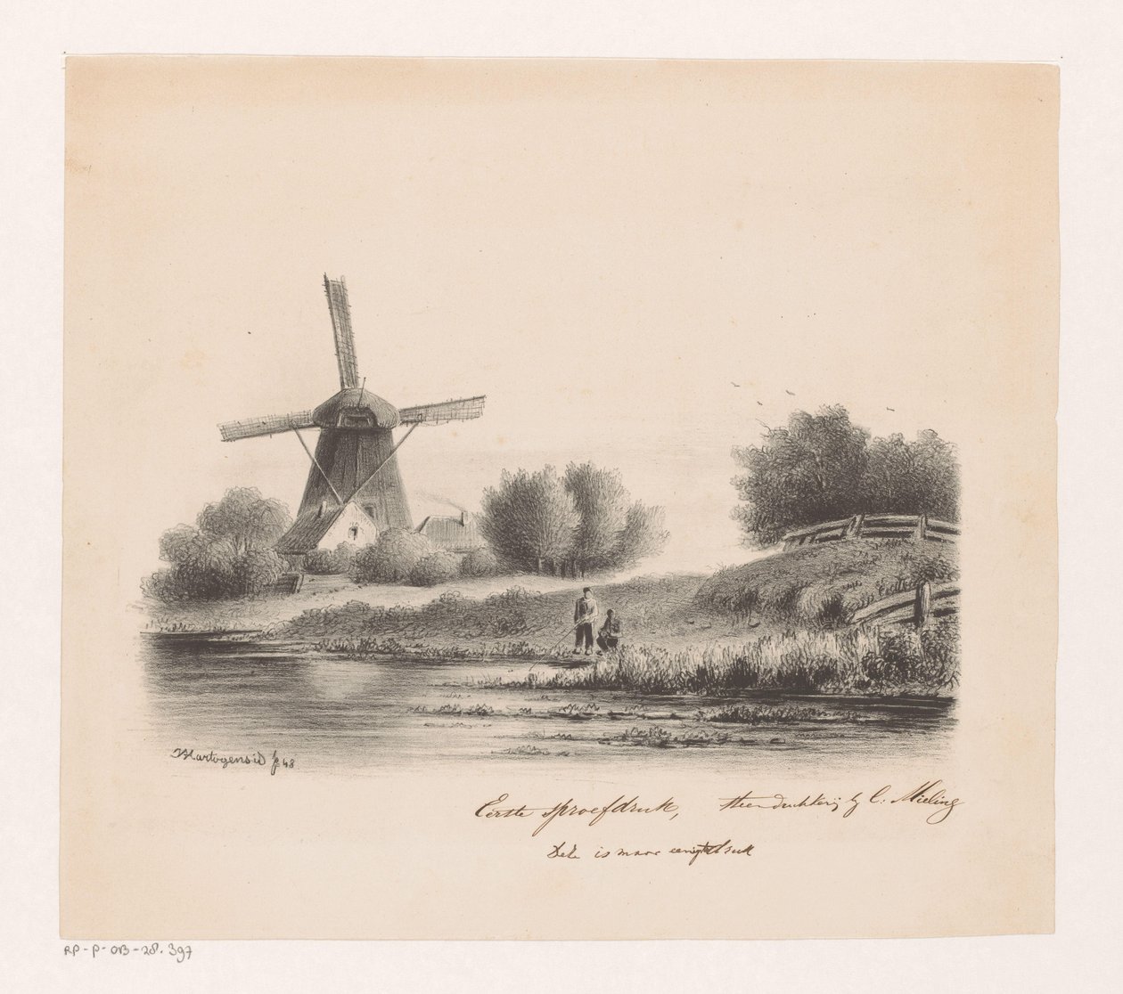 Paisaje con molino y dos pescadores de Joseph Hartogensis