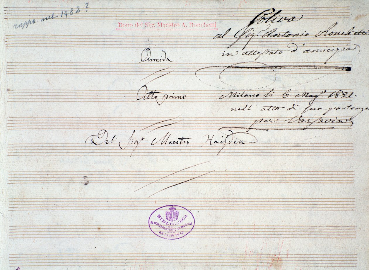 Primera página de la partitura musical del minueto en Armida de J Haydn (1821) de Joseph Haydn