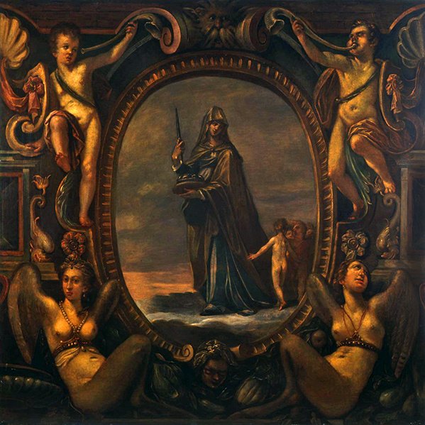 Figura alegórica con putti en un cartucho de Joseph Heintz