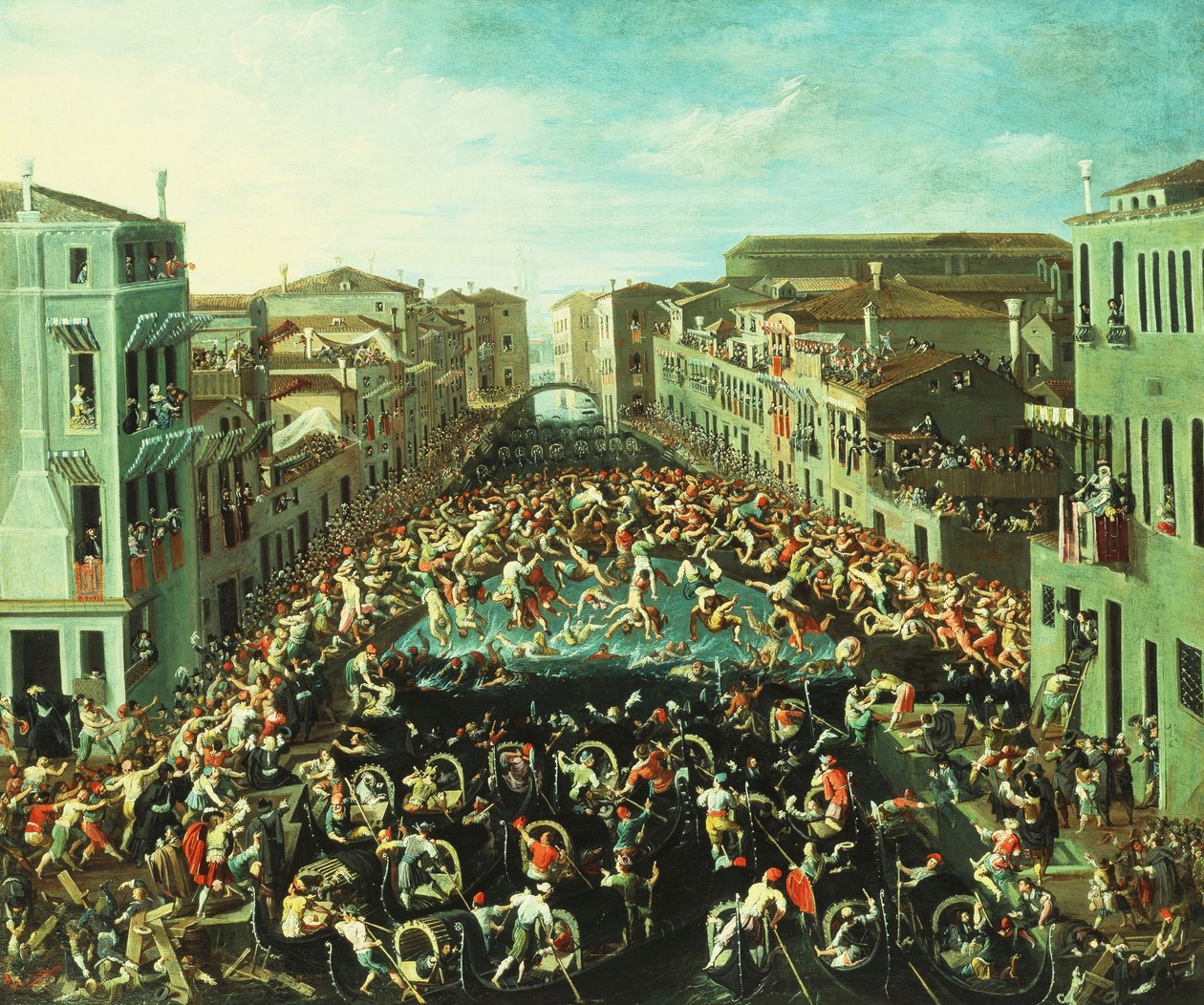 La pelea entre los Nicolotti y los Castellani, en el Ponte dei Pugni, Venecia, 1673 de Joseph Heintz