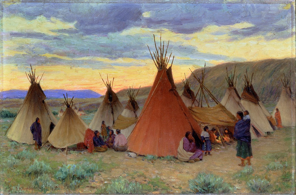Atardecer en la reserva Crow, Montana (óleo sobre lienzo) de Joseph Henry Sharp