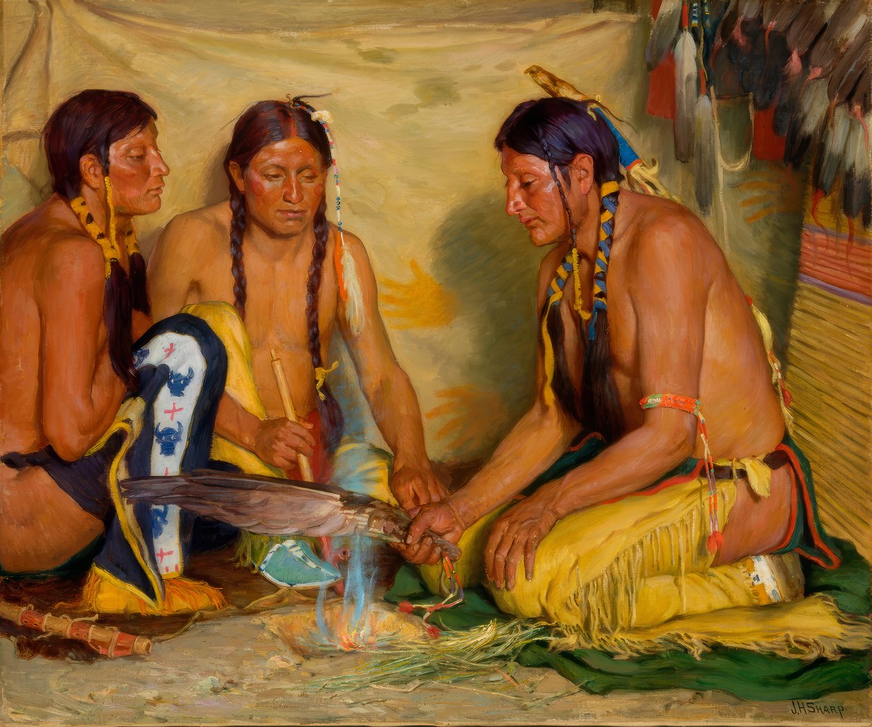 Elaboración de la medicina de la hierba dulce, ceremonia de los pies negros de Joseph Henry Sharp