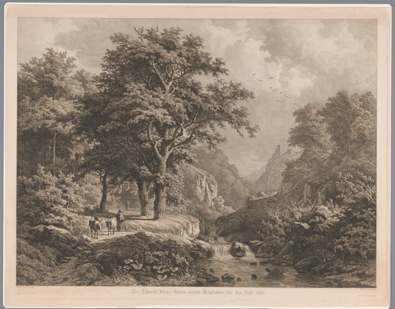 Paisaje montañoso con una cascada en el medio, a la izquierda un niño con tres vacas y un perro de Joseph Hubert Blees