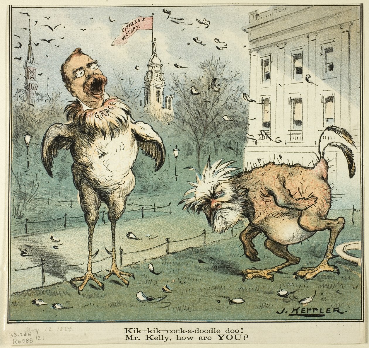 ¡Kik-kik-cock-a-doodle doo! Sr. Kelly, ¿cómo está, de Puck de Joseph Keppler
