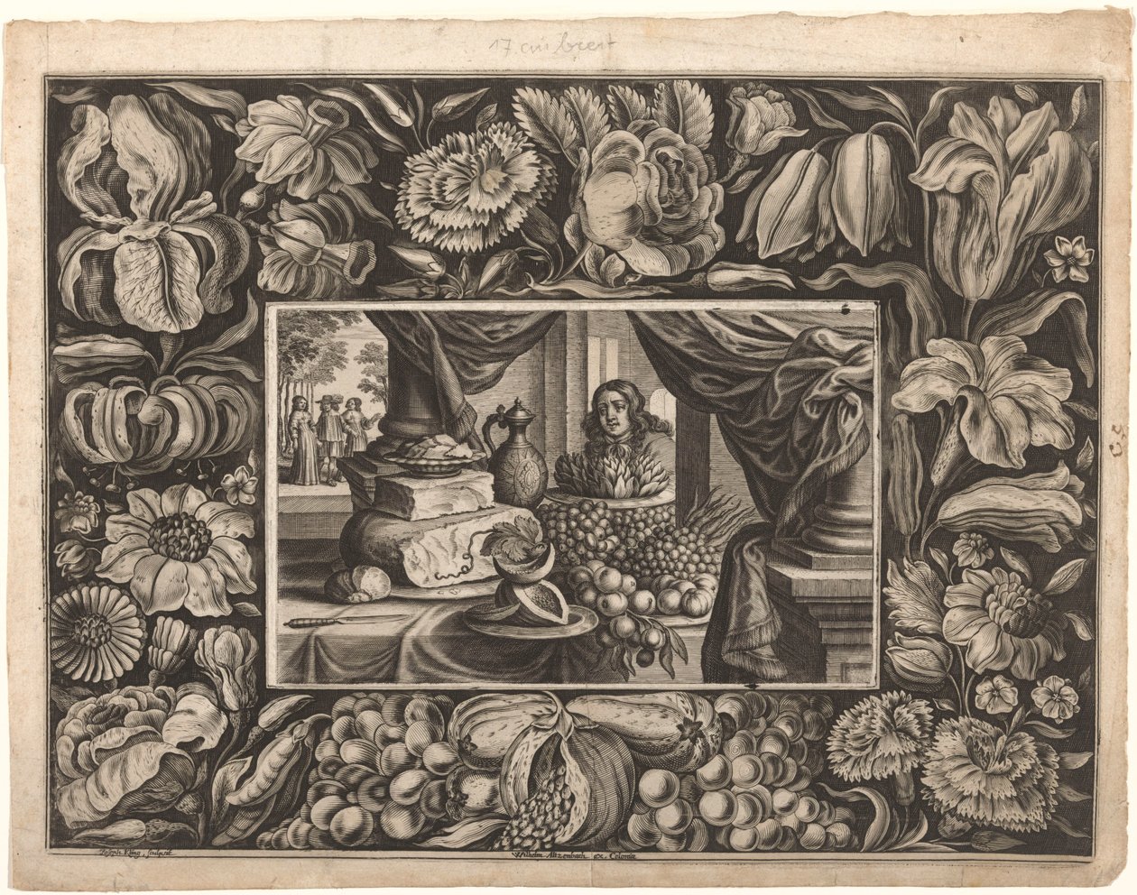 Bodegón de queso y frutas con borde ornamental de Joseph Kling