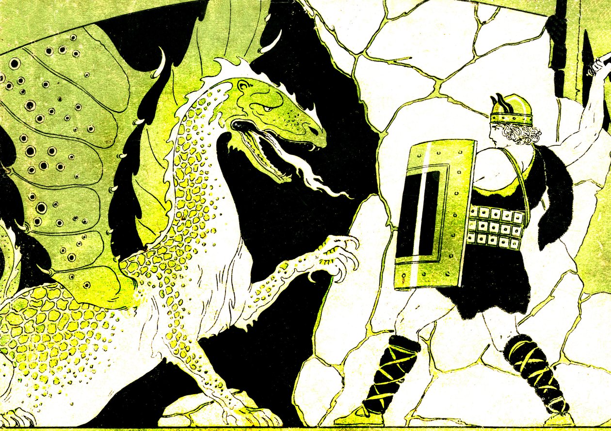 Sigfrido lucha contra el Dragón. Leyenda del Nibelungo. Ilustración de Joseph Kuhn Regnier (Kuhn-Regnier) (1873-1940) para "Epopees et legendes d