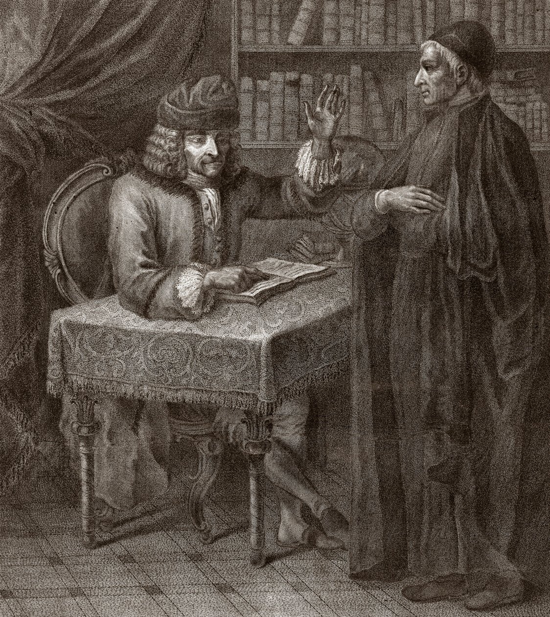 Voltaire y los religiosos - VOLTIER, Francois-Marie Arouet - con un clero. Voltaire y un sacerdote (Religión) - Grabado de Joseph Lante - 1764 de Joseph Lante