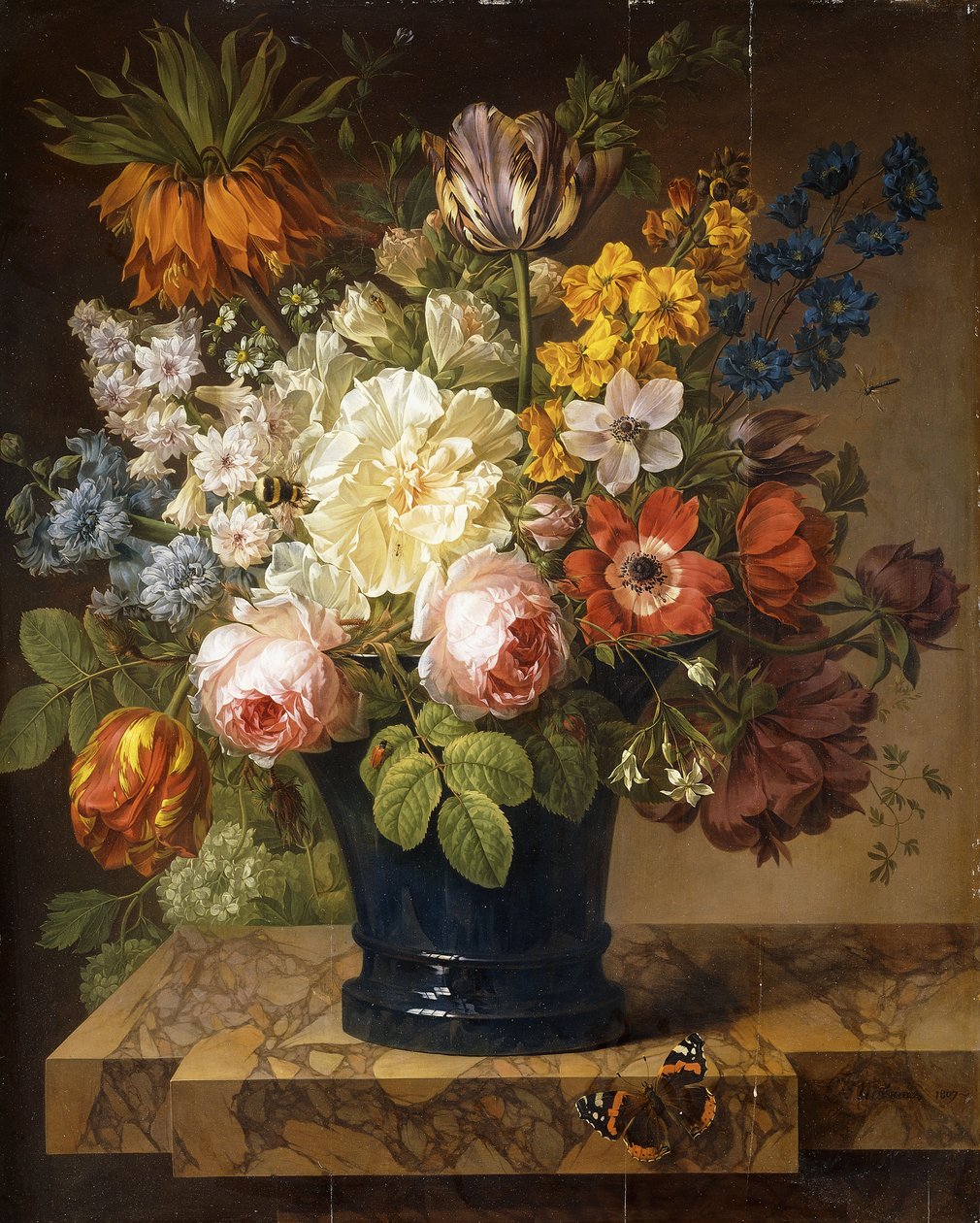 Flores en un Jarrón sobre un Alféizar de Mármol con una Almirante Roja, un Abejorro, Dos Escarabajos y una Libélula, 1807 de Joseph Laurent Malaine