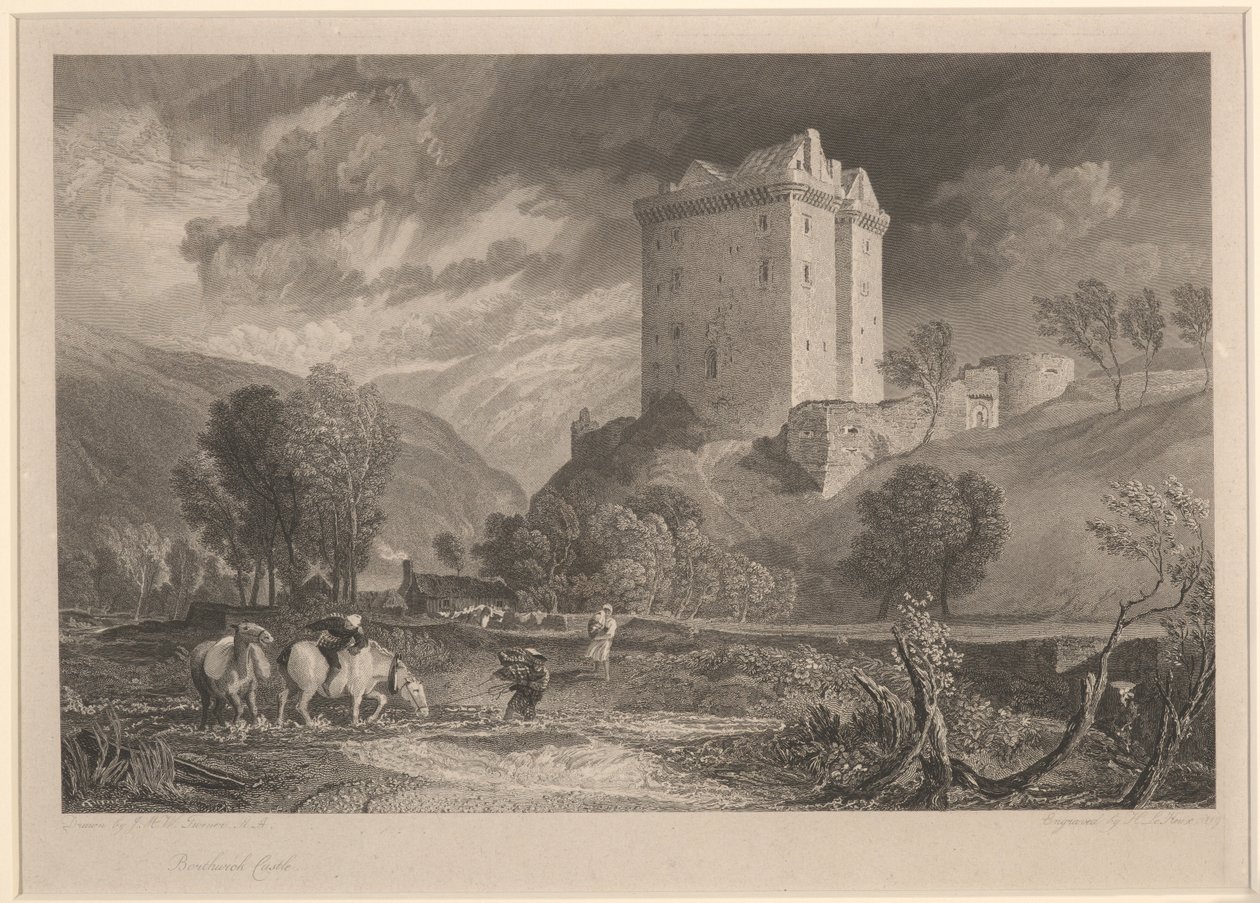 Castillo de Borthwick (Antigüedades provinciales y paisajes pintorescos de Escocia), grabado por Henry Le Keux (1775-1851) de Joseph Mallord William (after) Turner