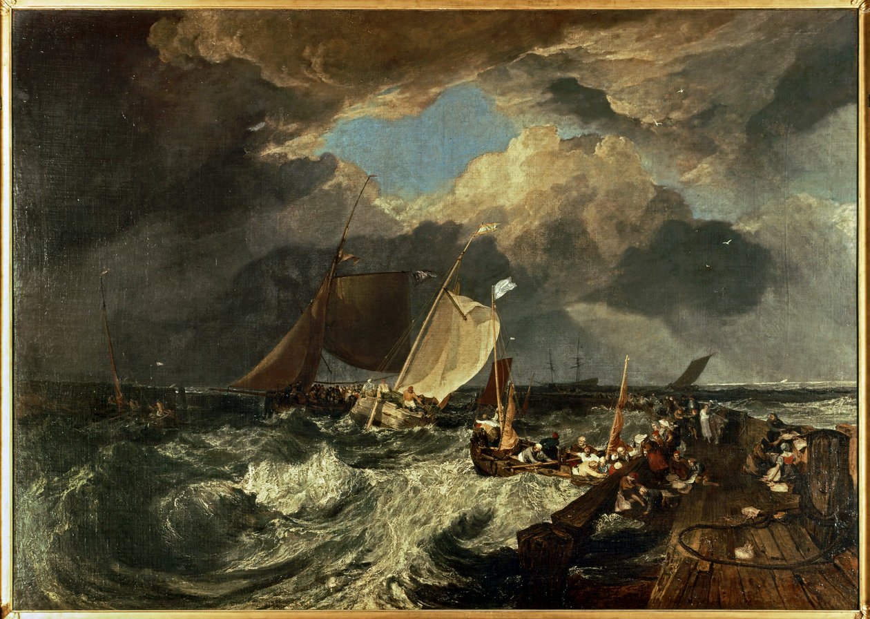 Muelle de Calais, con pescadores franceses preparándose para hacerse a la mar: Un paquete inglés llegando ... (pintura sobre lienzo) de Joseph Mallord William Turner