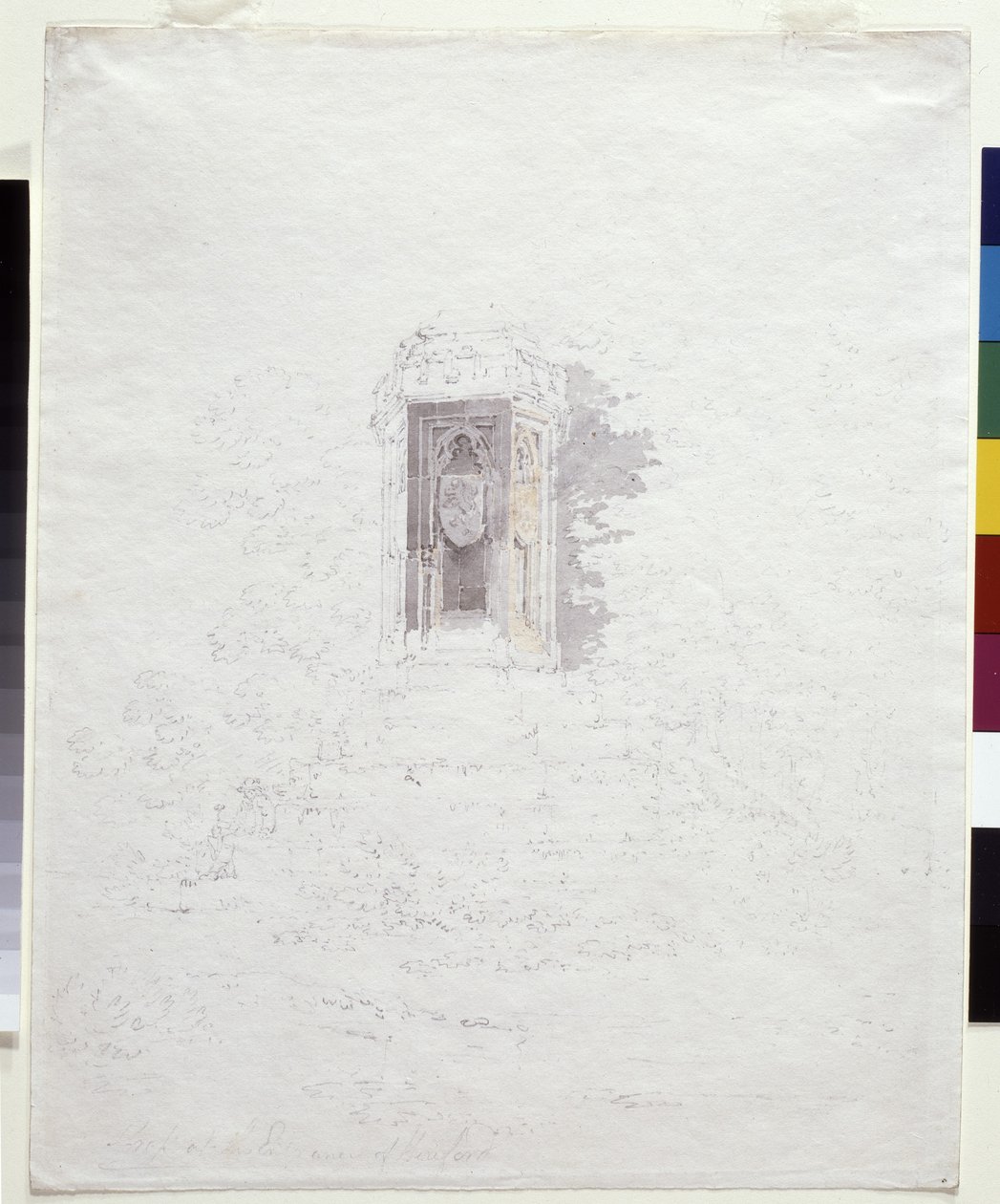Cross At The Entrance To Hereford (lápiz con lavados amarillos y grises sobre papel blanco) de Joseph Mallord William Turner