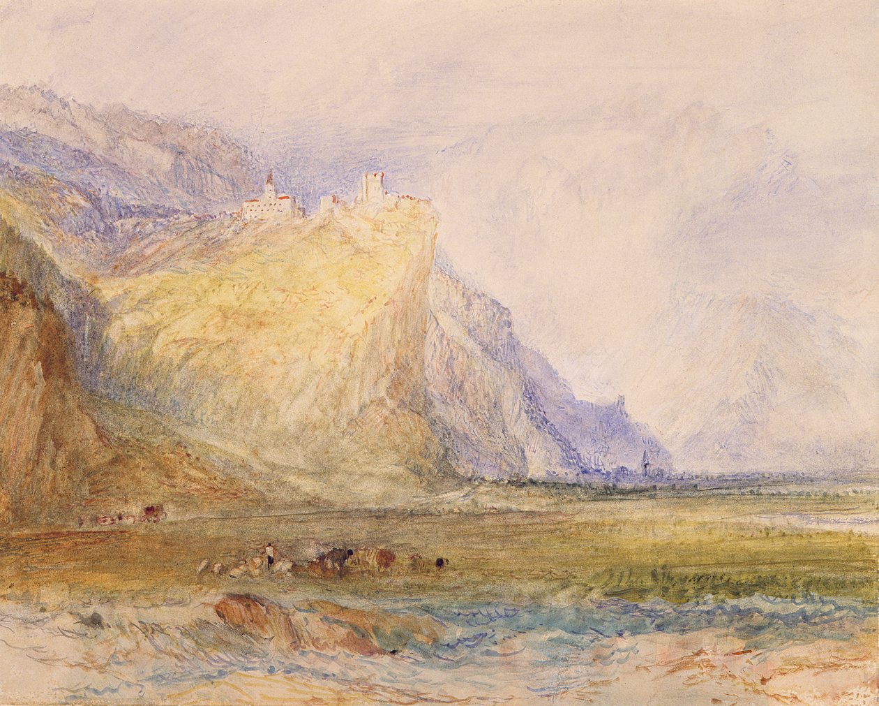 Valle de Domleschg, mirando al sureste, hacia Schloss Ortenstein, c.1853 (acuarela sobre papel) de Joseph Mallord William Turner