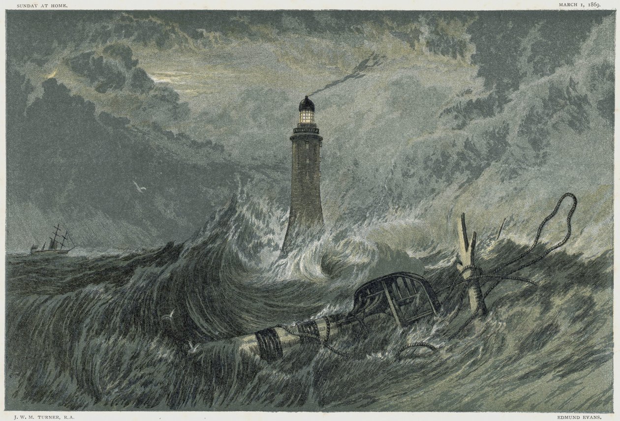 Faro de Eddystone, construido en la roca Eddystone por el ingeniero civil inglés John Smeaton entre 1757 y 1759. Cromolitografía de JMW Turner de Joseph Mallord William Turner