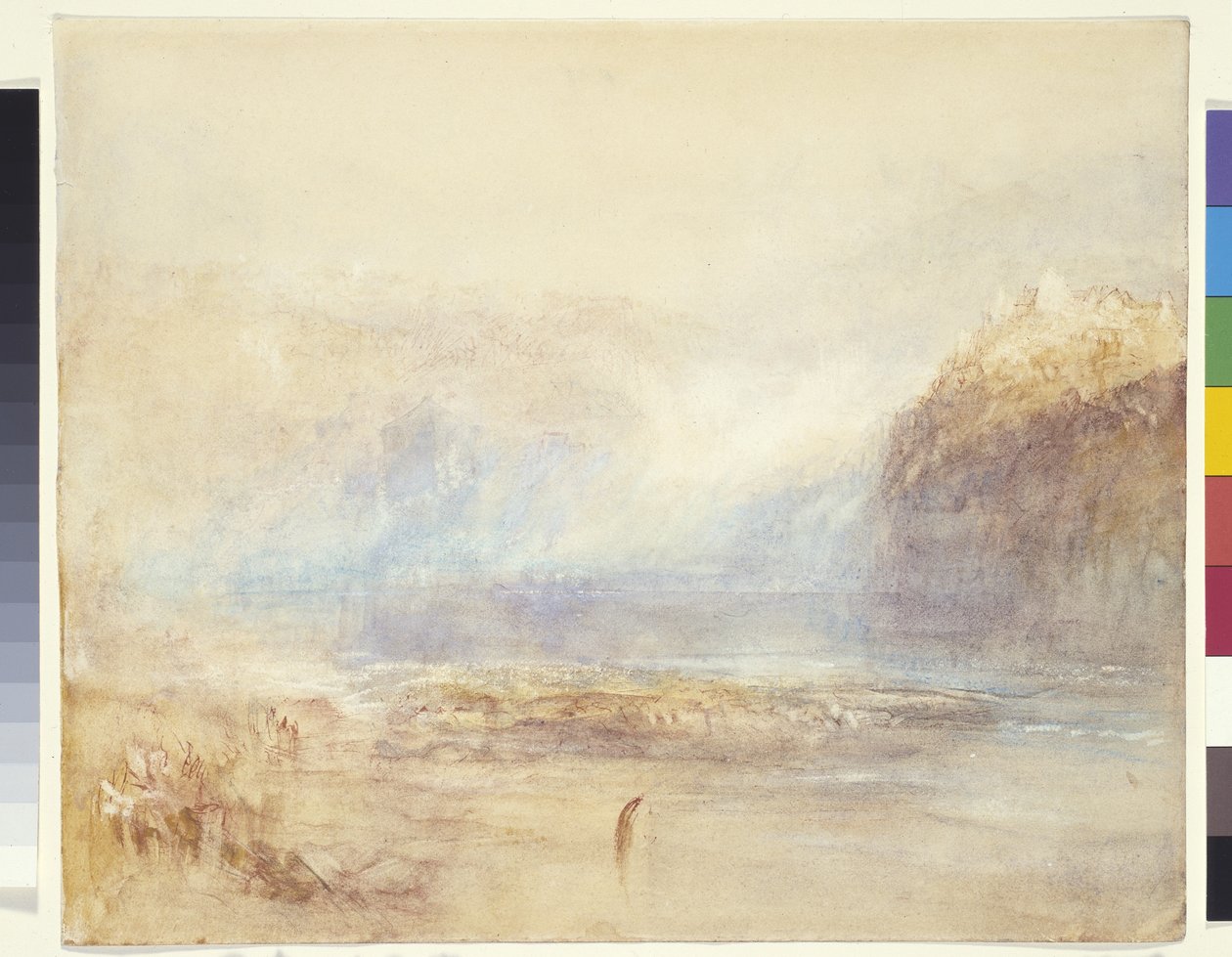 Cataratas del Rin en Schaffhausen - Vista lejana (acuarela, pluma y tinta roja sobre aguada gris sobre papel blanco) de Joseph Mallord William Turner