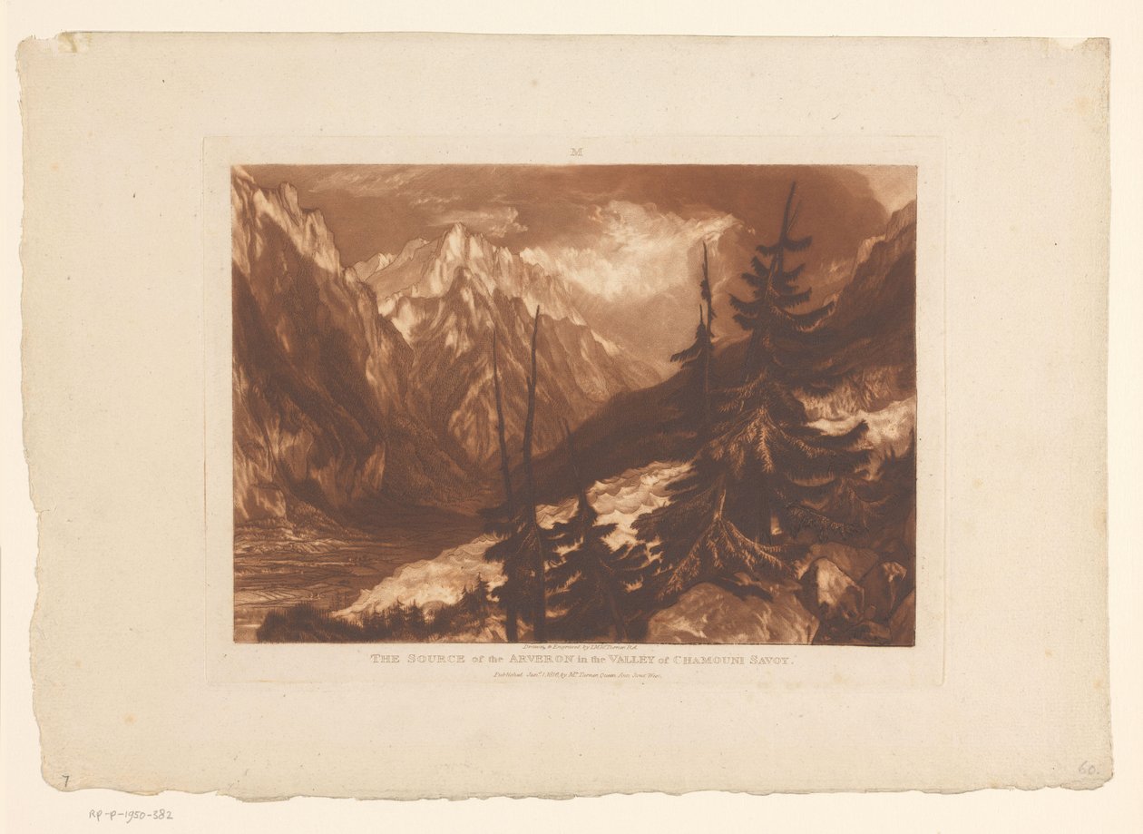 Vista del valle de Chamonix con el río Arveyron La Fuente del Arveron en el Valle de Chamouni Saboya (título sobre el objeto) Estudios de paisaje (título de la serie) Liber Studiorum (título de la serie) de Joseph Mallord William Turner