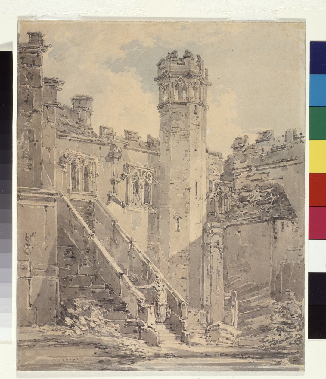 Haddon Hall Near Bakewell, Derbyshire (aguadas de tinta azul y gris sobre lápiz sobre papel blanco) de Joseph Mallord William Turner