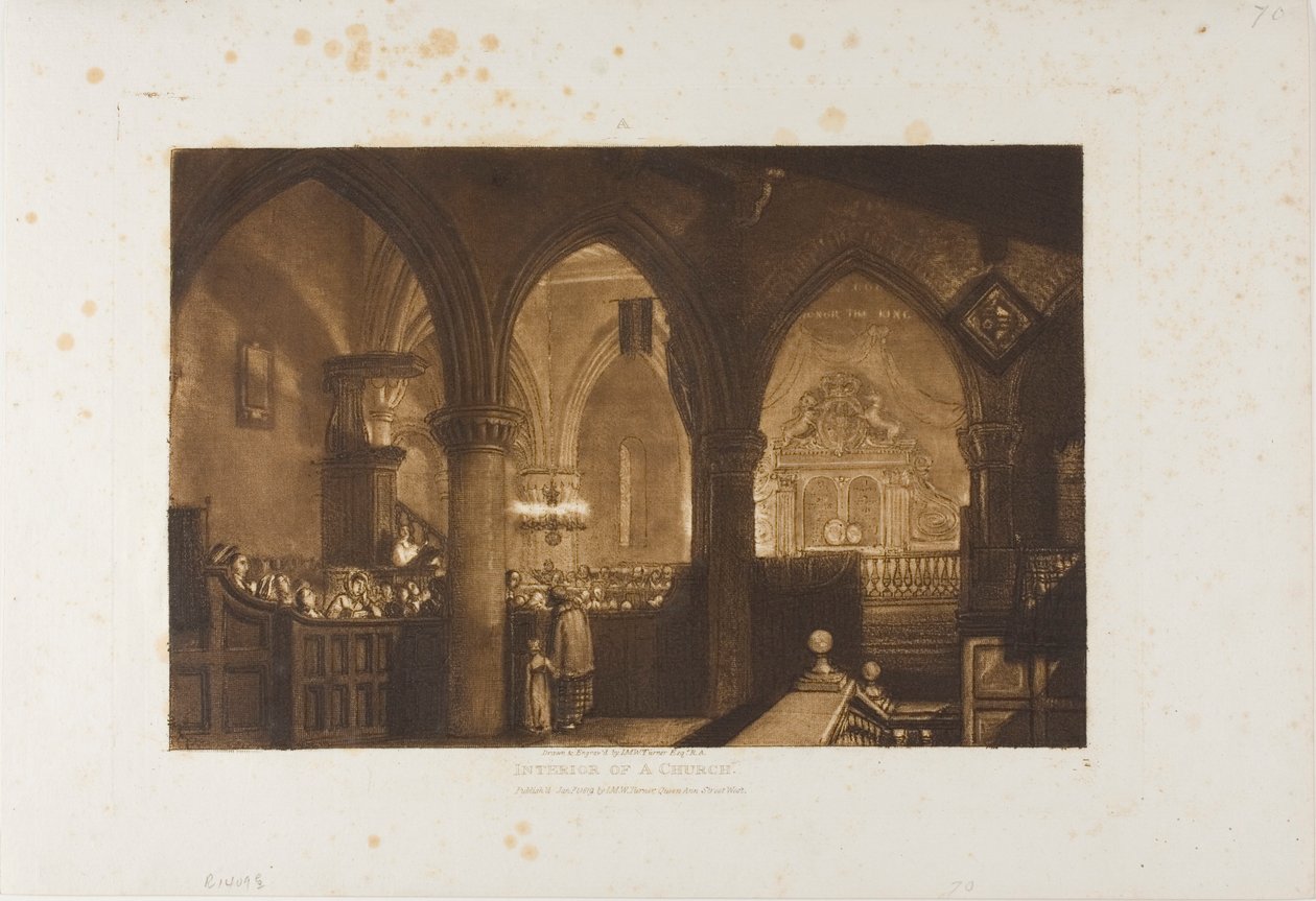 Interior de una iglesia, placa 70 de Liber Studiorum de Joseph Mallord William Turner