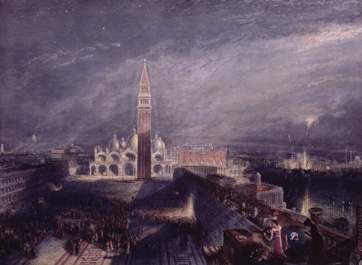 Plaza de San Marcos, Venecia (luz de luna) grabado por George Hollis (1792-1842) publicado en 1881 de Joseph Mallord William Turner