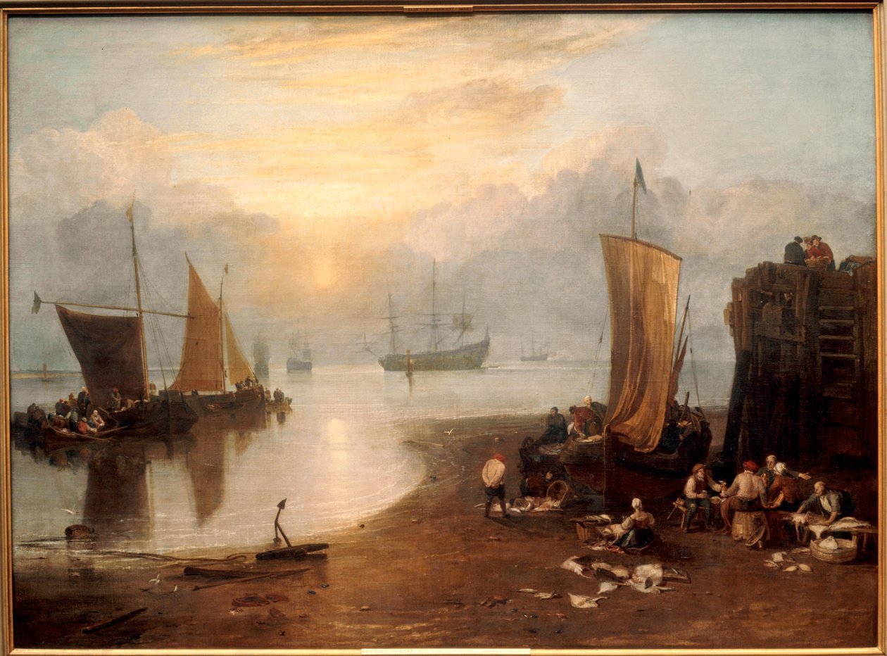 Sol saliendo a través del vapor: Pescadores limpiando y vendiendo pescado ... (pintura sobre lienzo) de Joseph Mallord William Turner