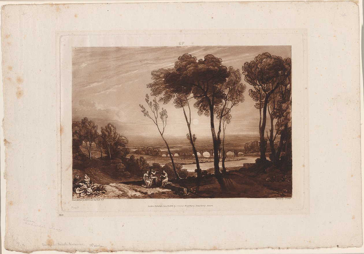 El puente en la distancia media, placa 13 de Liber Studiorum de Joseph Mallord William Turner