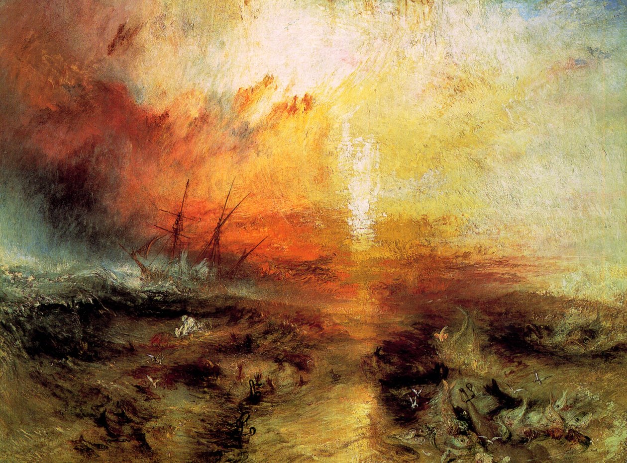 El Barco de Esclavos Lanzando por la Borda a los Muertos y Moribundos, Tifón en Camino, 1840 de Joseph Mallord William Turner
