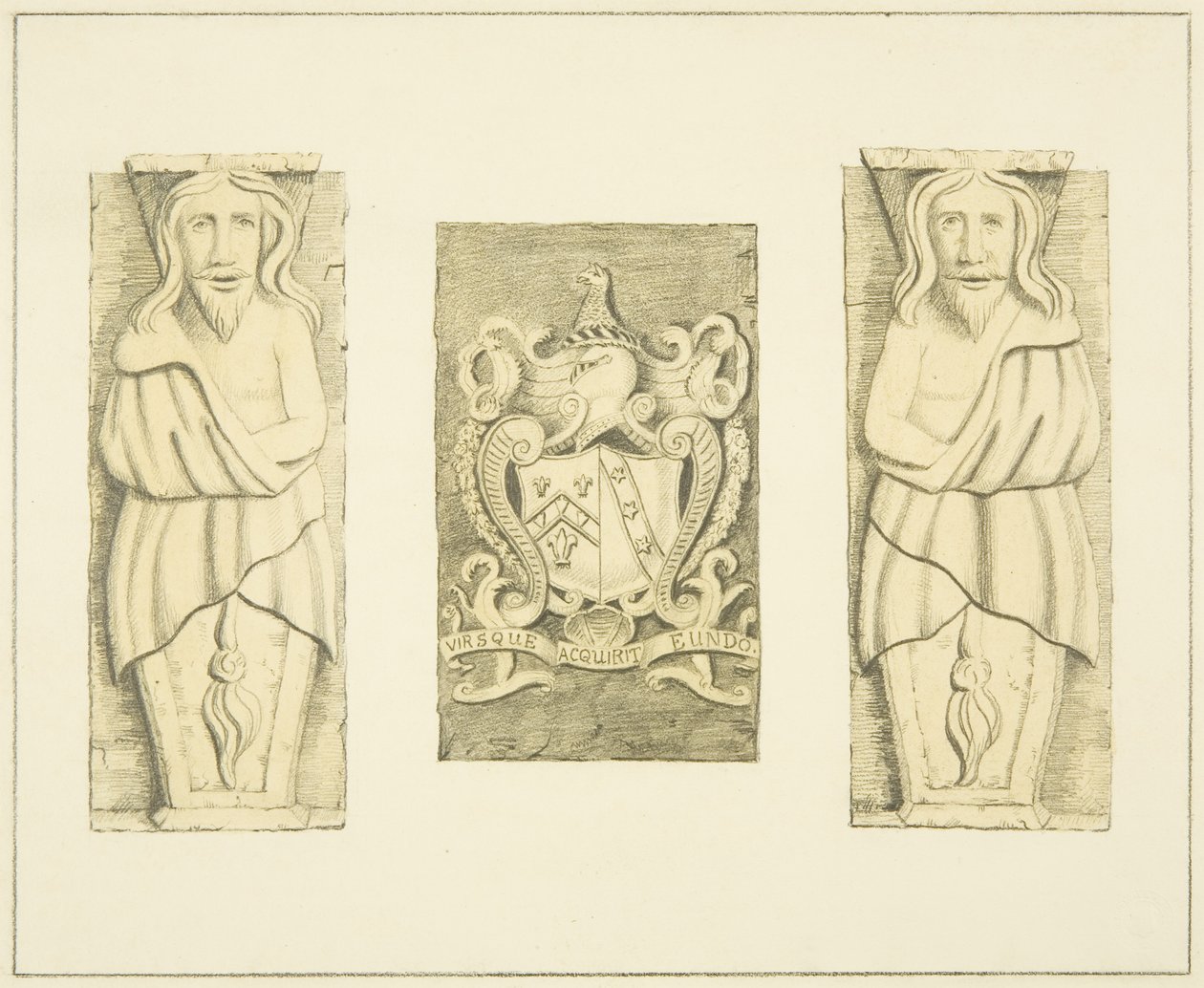 2 figuras y escudo de armas de la puerta en Black Castle, Brislington de Joseph Manning