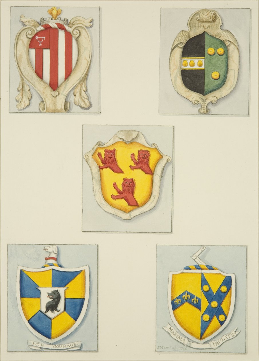 Cinco escudos de armas de monumentos en la Iglesia del Templo de Joseph Manning
