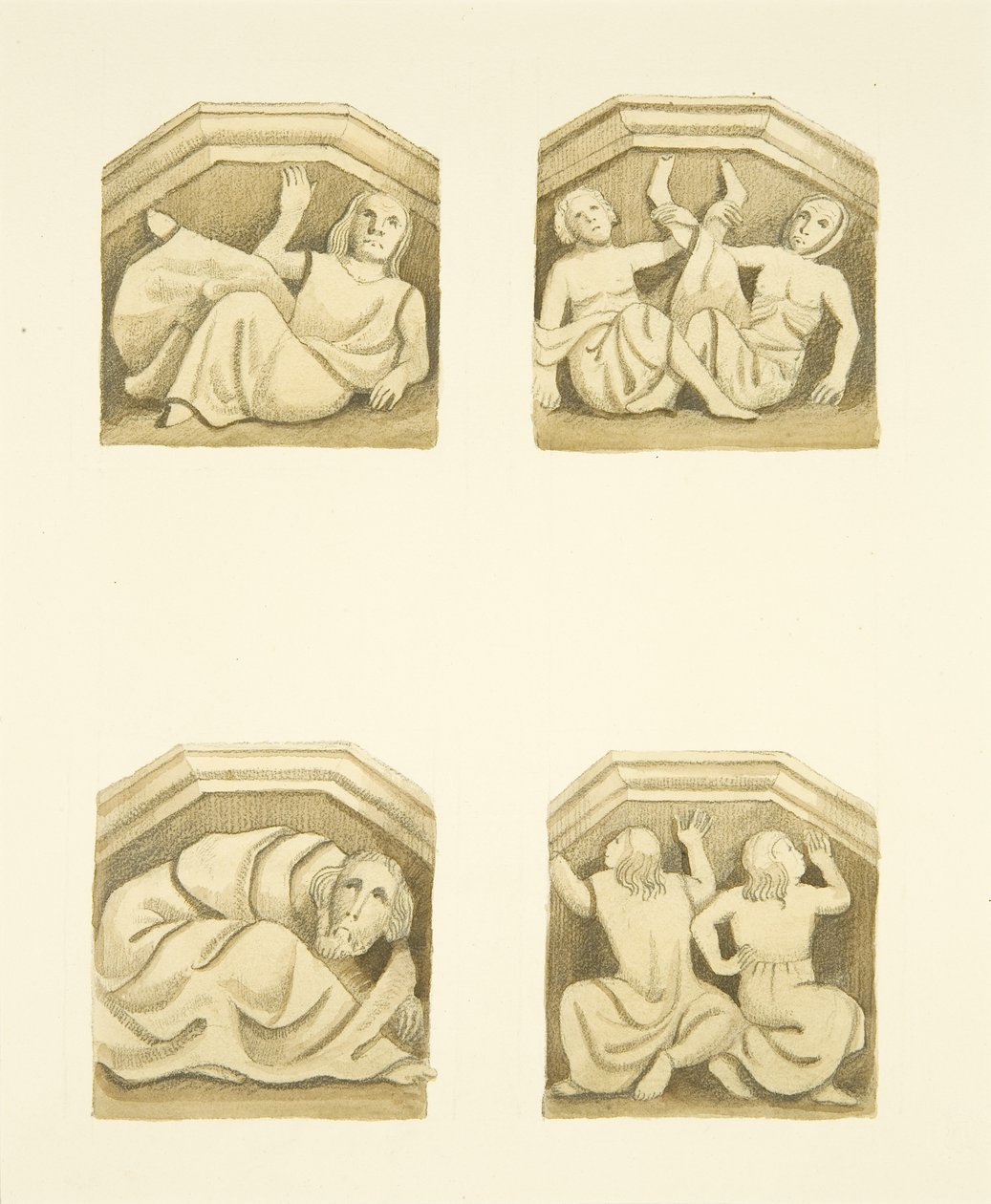 Cuatro ménsulas en el pórtico norte (originalmente soportando estatuas) de St Mary Redcliffe de Joseph Manning