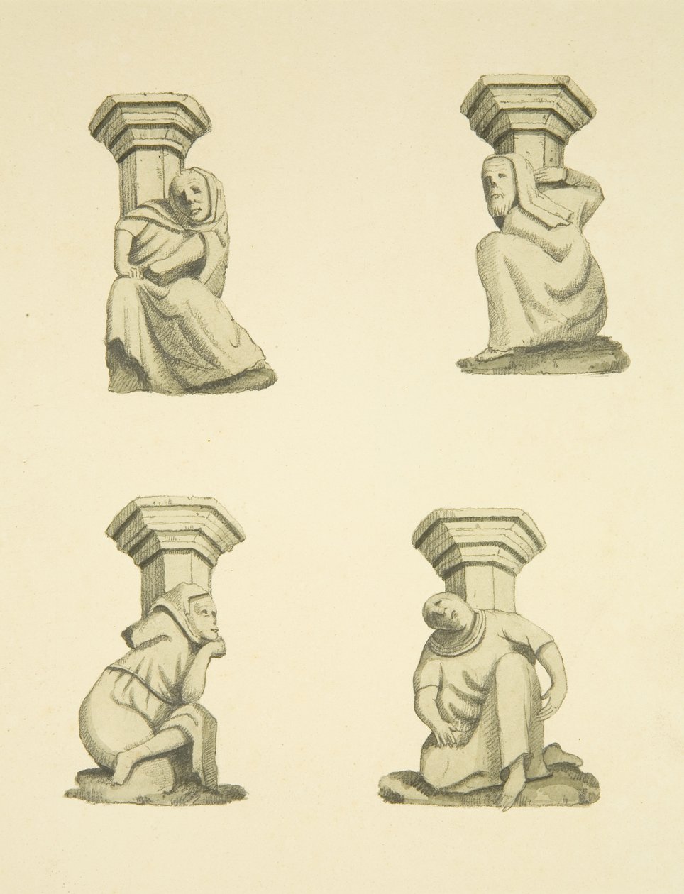 Cuatro ménsulas en la torre (originalmente soportando estatuas) de Santa María Redcliffe de Joseph Manning