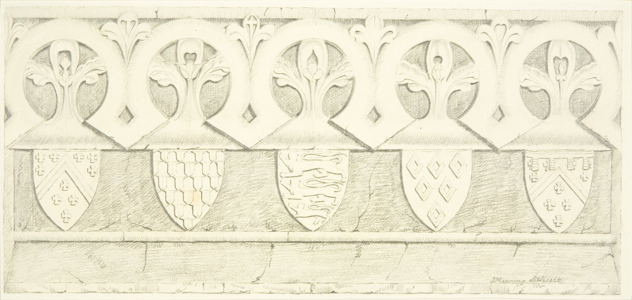 Friso gótico y escudos de armas en la sala de la sacristía de la Catedral de Bristol de Joseph Manning