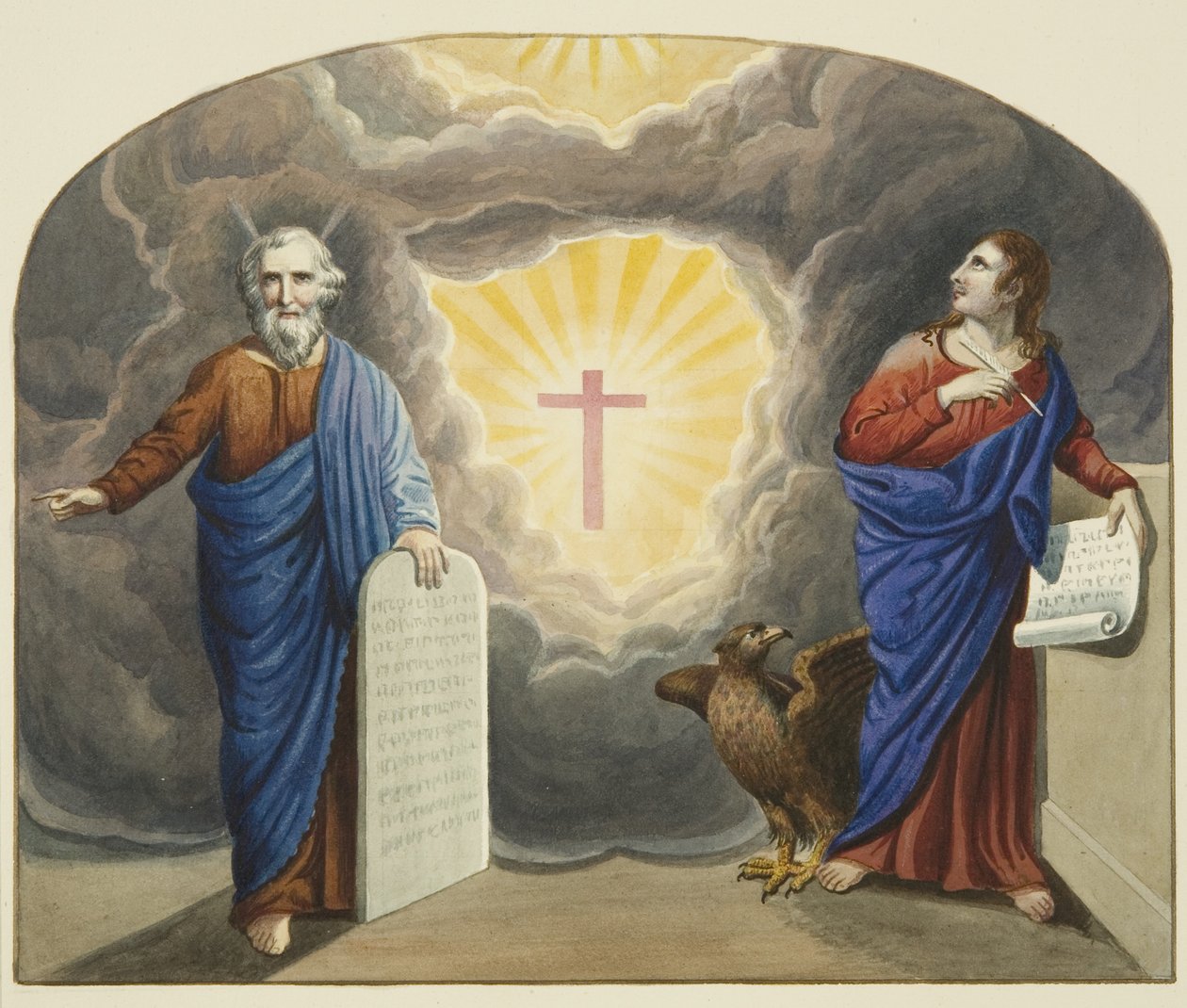 Ventana pintada sobre el altar de la Iglesia de Cristo, mostrando a Moisés y San Juan Evangelista de Joseph Manning