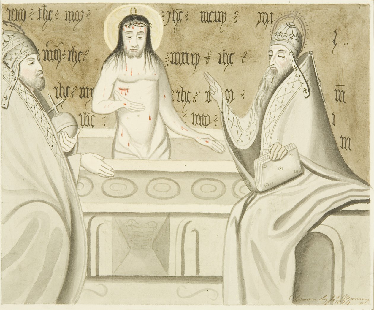 Pintura en piedra encontrada en un confesionario en el pasillo norte de San Marcos, mostrando a Cristo resucitado y dos obispos de Joseph Manning