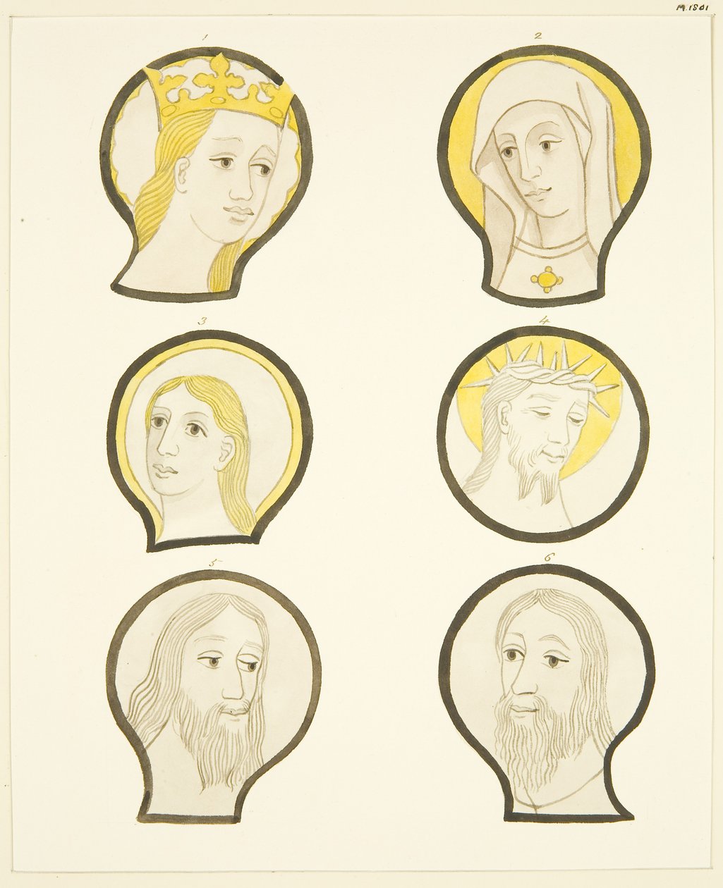 Seis cabezas en vitrales al sur del coro en la Catedral de Bristol de Joseph Manning