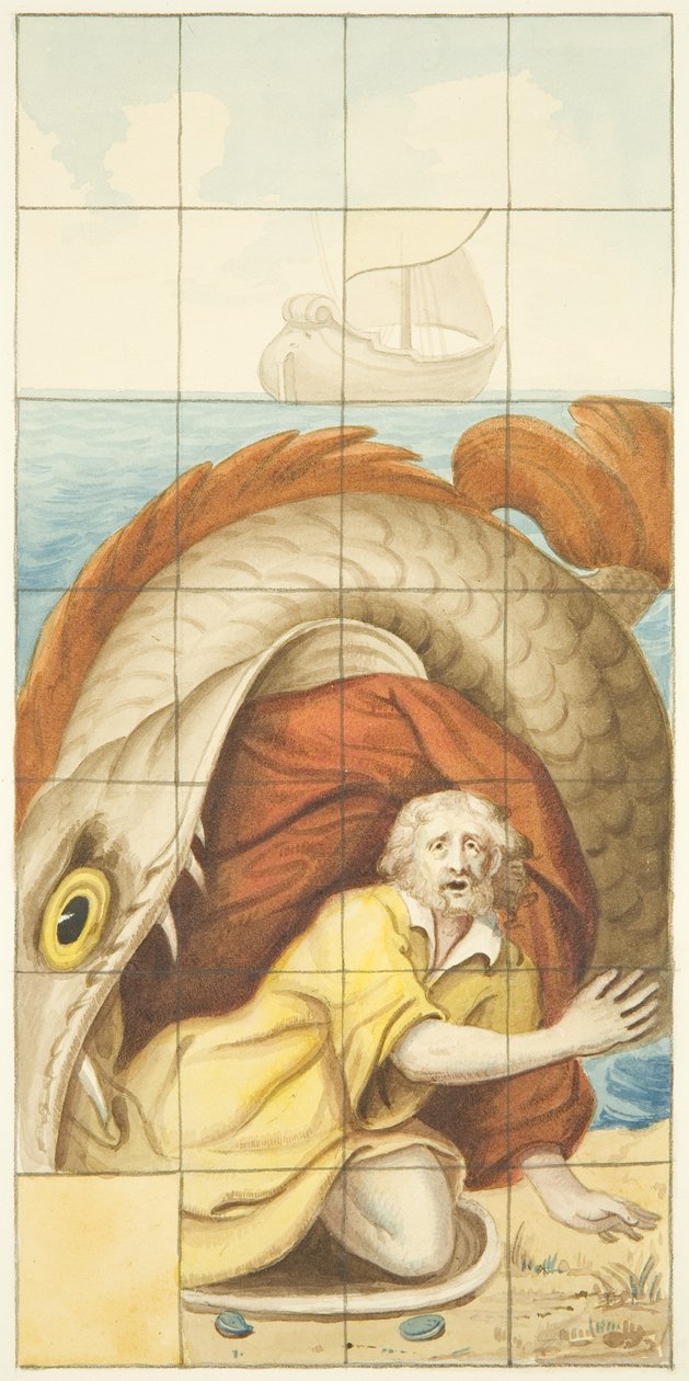 Vitrales en el extremo este de la nave norte de la Catedral de Bristol mostrando a Jonás y la ballena de Joseph Manning