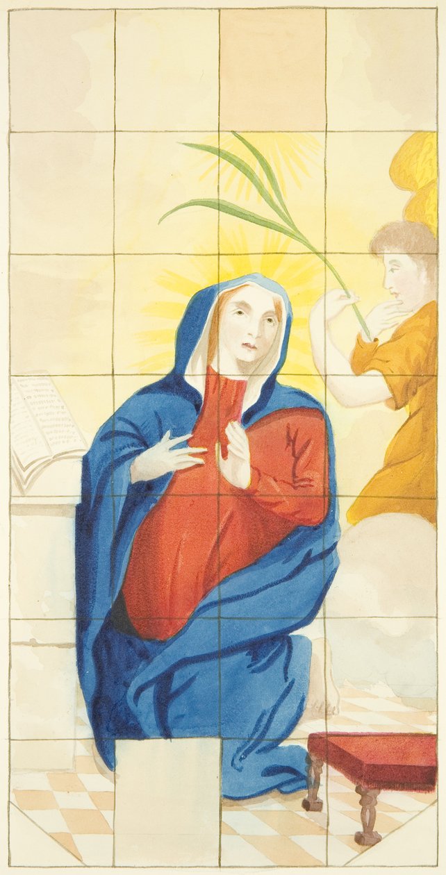 Vitrales en el extremo este de la nave sur de la Catedral de Bristol mostrando la Anunciación de Joseph Manning