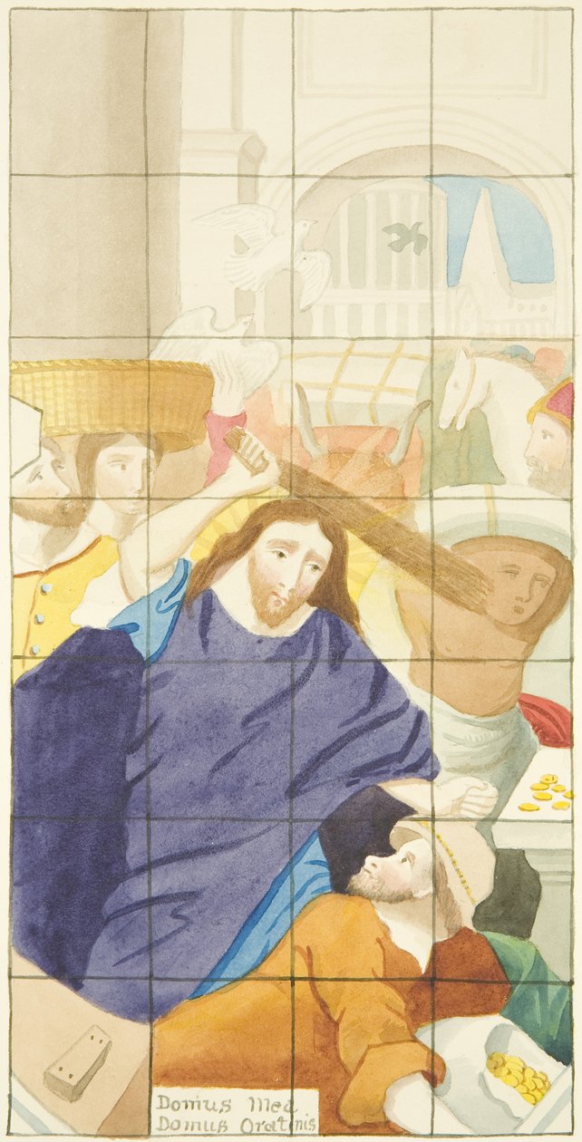 Vitral en el extremo este del pasillo sur de la Catedral de Bristol mostrando compradores y vendedores en el Templo de Joseph Manning
