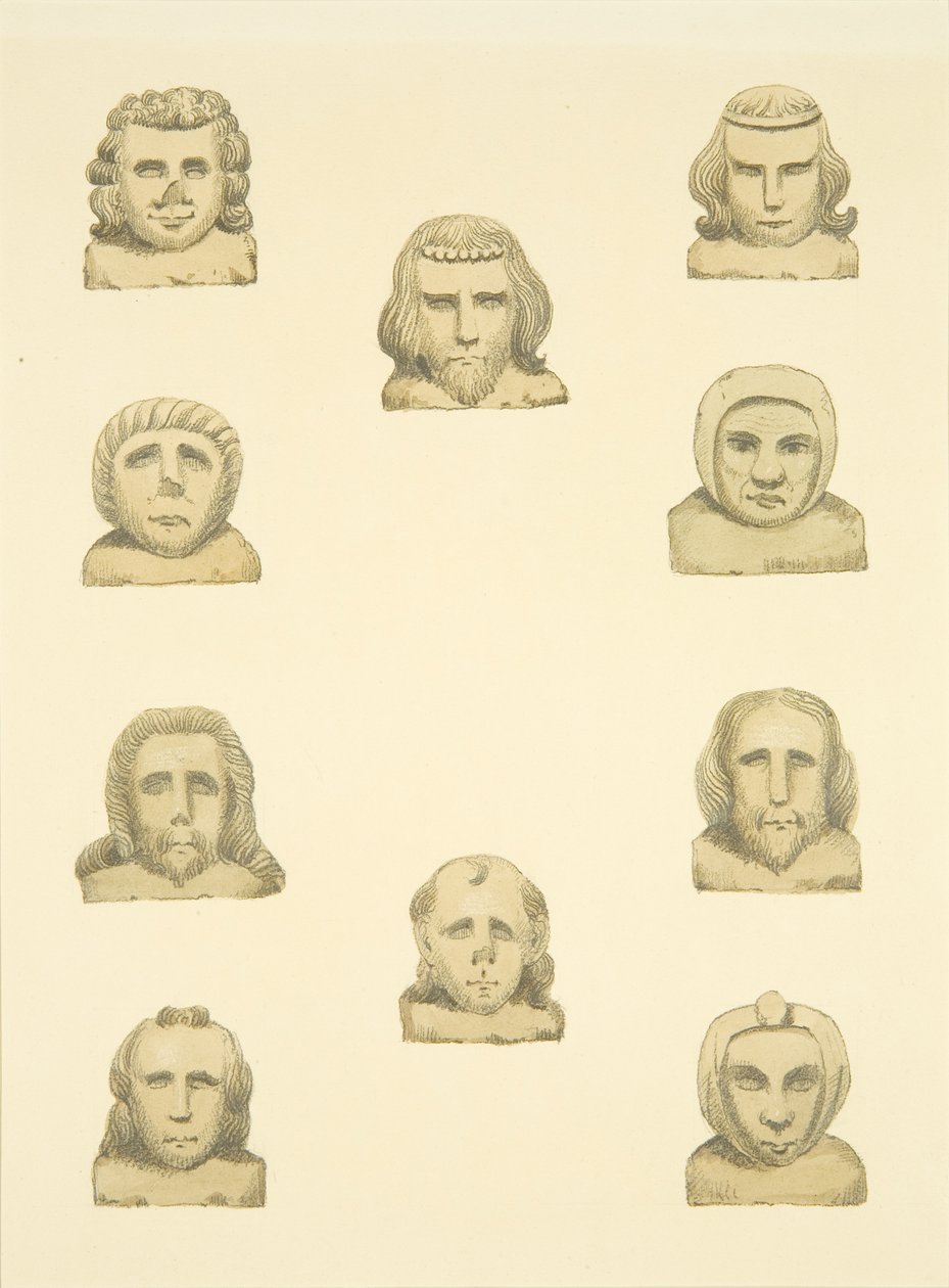 Diez cabezas en el friso alrededor del pórtico norte de St Mary Redcliffe de Joseph Manning