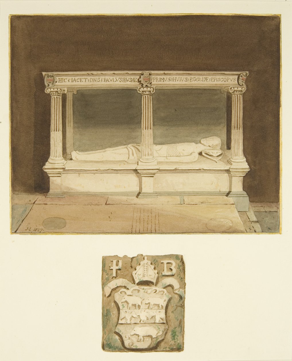 Tumba del obispo Paul Bush y escudo de armas en la catedral de Bristol de Joseph Manning